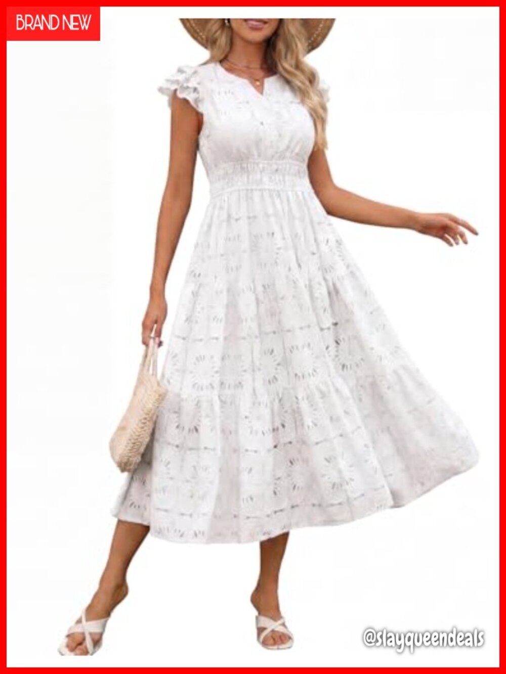 Women's Boho Eyelet Lace Midi Dress V-Neck Smocked Waist Ruffle Sleeve